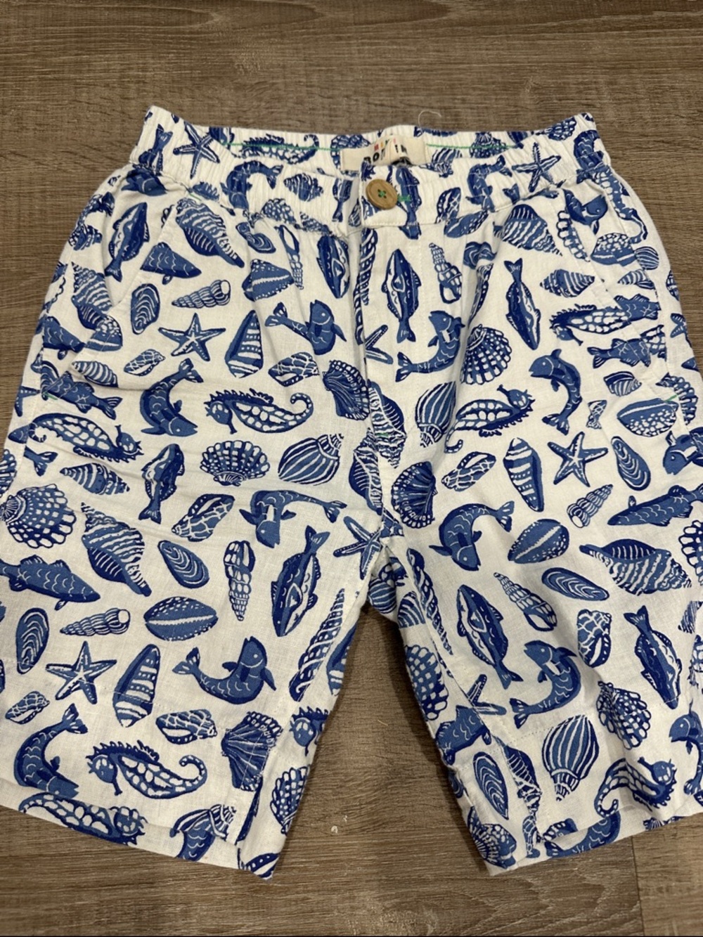 Mini Boden White Linen Shorts with Navy Seashell & Fish Print